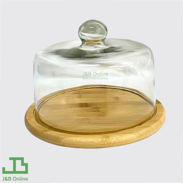 Wooden round cake plate set 12" with square glass cover WL0004