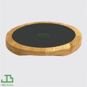 Black round slate platter 9" with wooden base SM0001