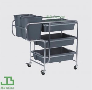 Cleaning trolley 3 layers W60xL106xH96cm with plastic trash bin 2pcs and plastiic plate tray 3pcs AF08168